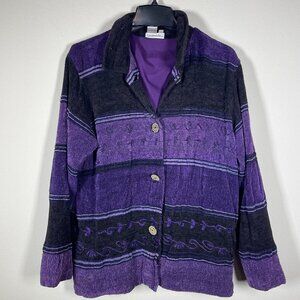 Coldwater Creek Women's Purple Black Stripe Heavy Blazer Jacket L Cotton!